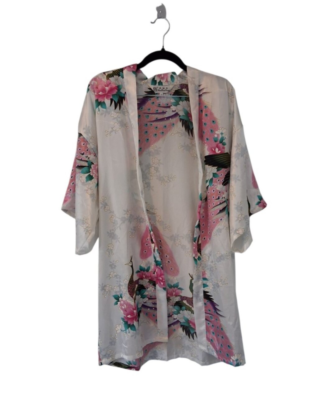 Han Bao Gong Women's Peacock Floral Satin Kimono Robe Cover Up Size M - Picture 1 of 3
